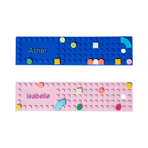 Colourful Lego-style bookmark with personalised text.