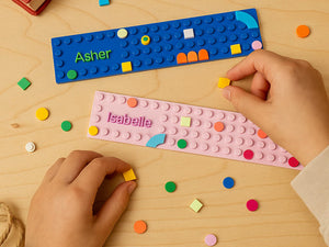 Colourful Lego-style bookmark with personalised text.