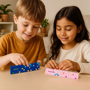 Colourful Lego-style bookmark with personalised text.