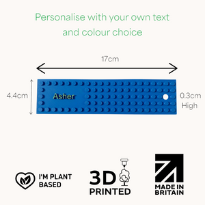 Colourful Lego-style bookmark with personalised text.