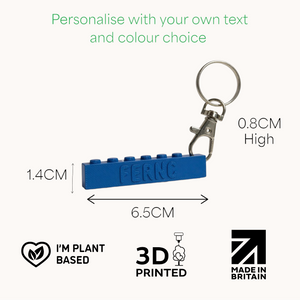 Colorful LEGO-style brick keyring with personalied name imbedded.