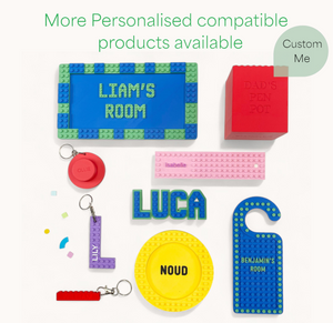 Colourful Lego-style bookmark with personalised text.