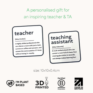 A black and white coaster gift for a teacher. Personalised name and description on the coaster.
