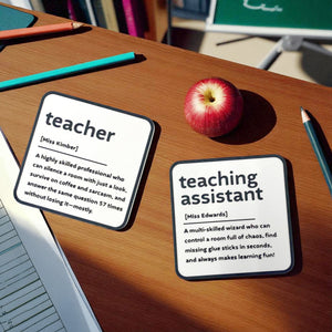 A black and white coaster gift for a teacher. Personalised name and description on the coaster.