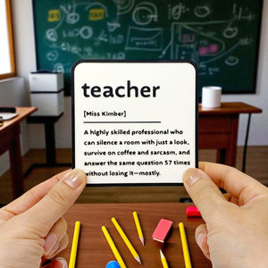 A black and white coaster gift for a teacher. Personalised name and description on the coaster.