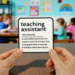 A black and white coaster gift for a teacher. Personalised name and description on the coaster.