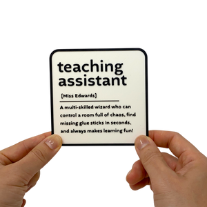 A black and white coaster gift for a teacher. Personalised name and description on the coaster.