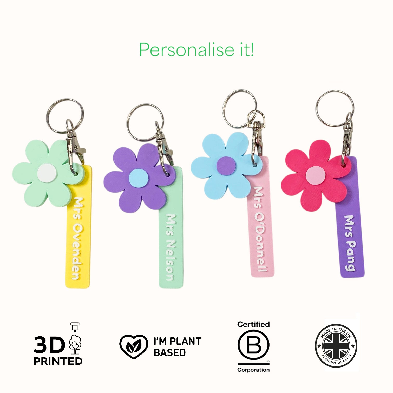 Colourful flower-shaped keychains with personalised name tags.