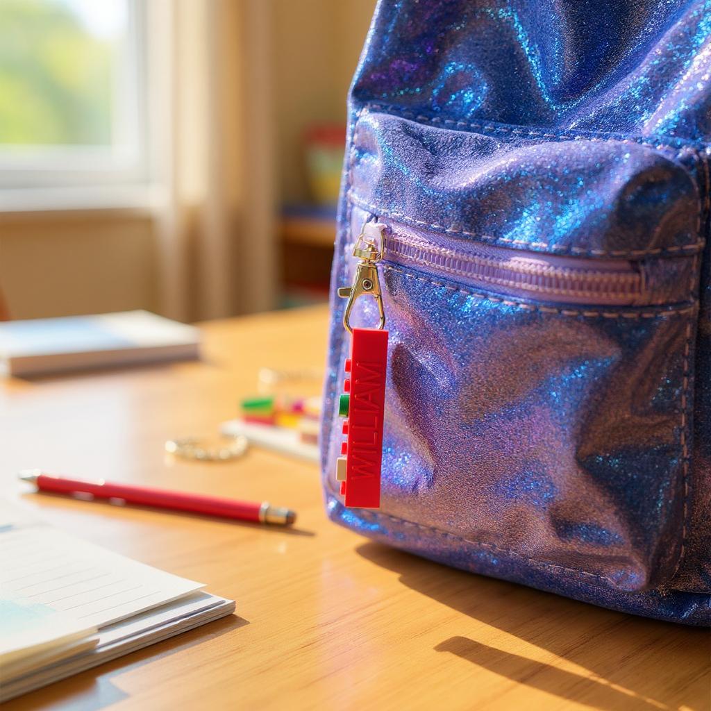 Colorful LEGO-style brick keyring with personalied name imbedded.