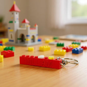 Colorful LEGO-style brick keyring with personalied name imbedded.