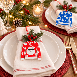 Santa and Snowfall Christmas jumper decorations on a Christmas dinner table
