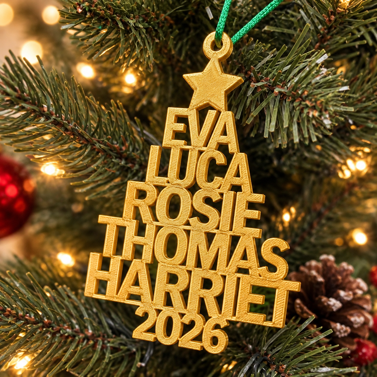 Gold personalised family names Christmas tree ornament with 2026, hanging on a Christmas tree