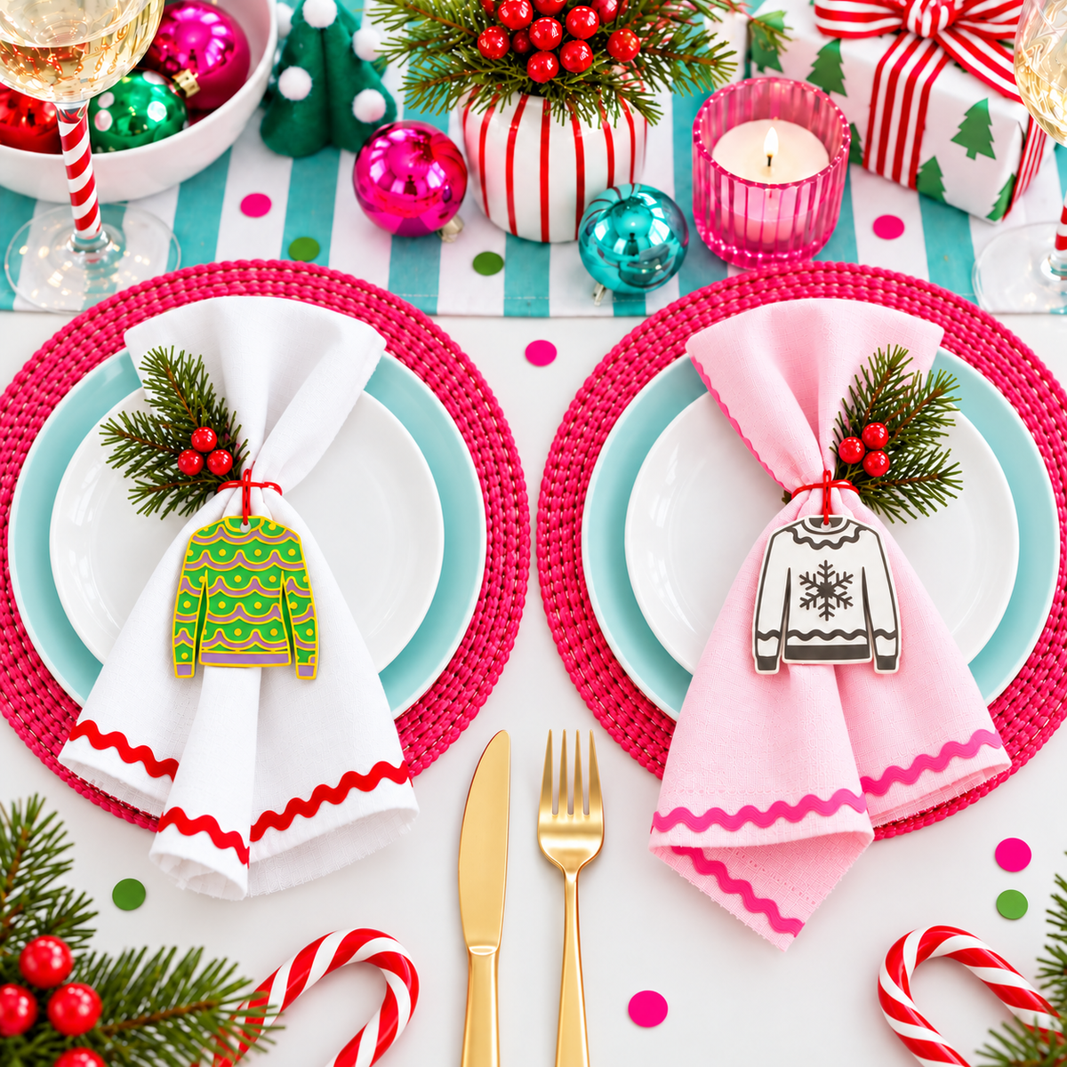 Two Christmas jumper decorations as place settings on a colourful Christmas table