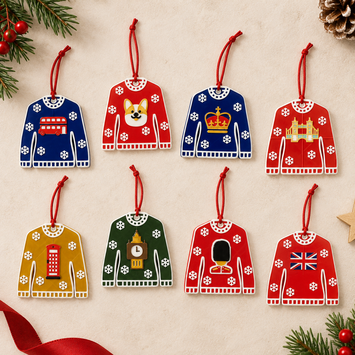 All eight London Christmas jumper decorations: London Bus, Corgi, Crown, Tower Bridge, Telephone Box, Big Ben, Queen's Guard and Union Jack