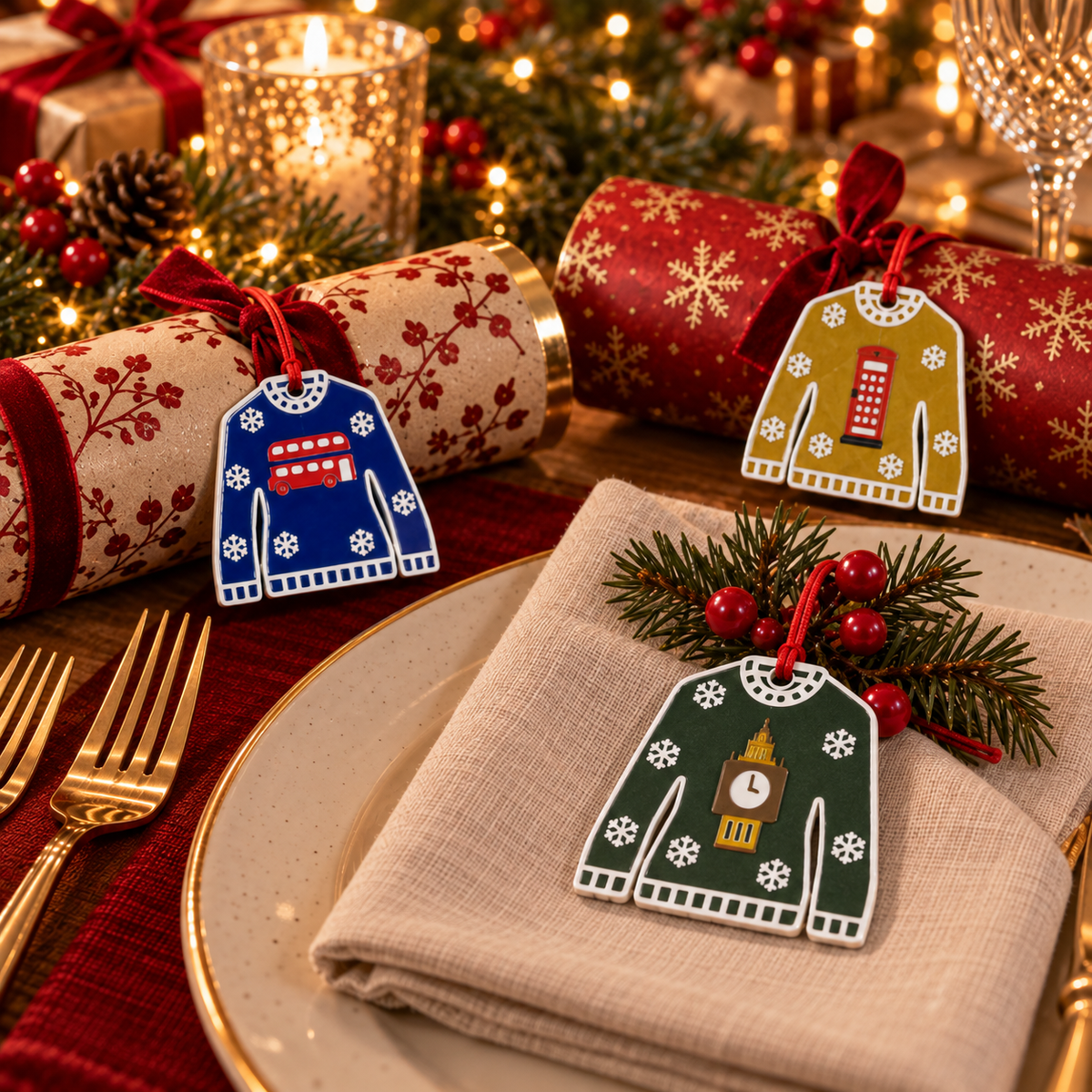 London Bus, Telephone Box and Big Ben Christmas jumper decorations as place settings on Christmas crackers and a napkin
