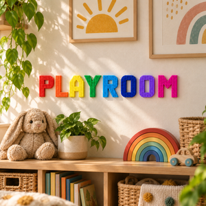 Rainbow brick-compatible letters spelling PLAYROOM on a nursery wall above a toy shelf