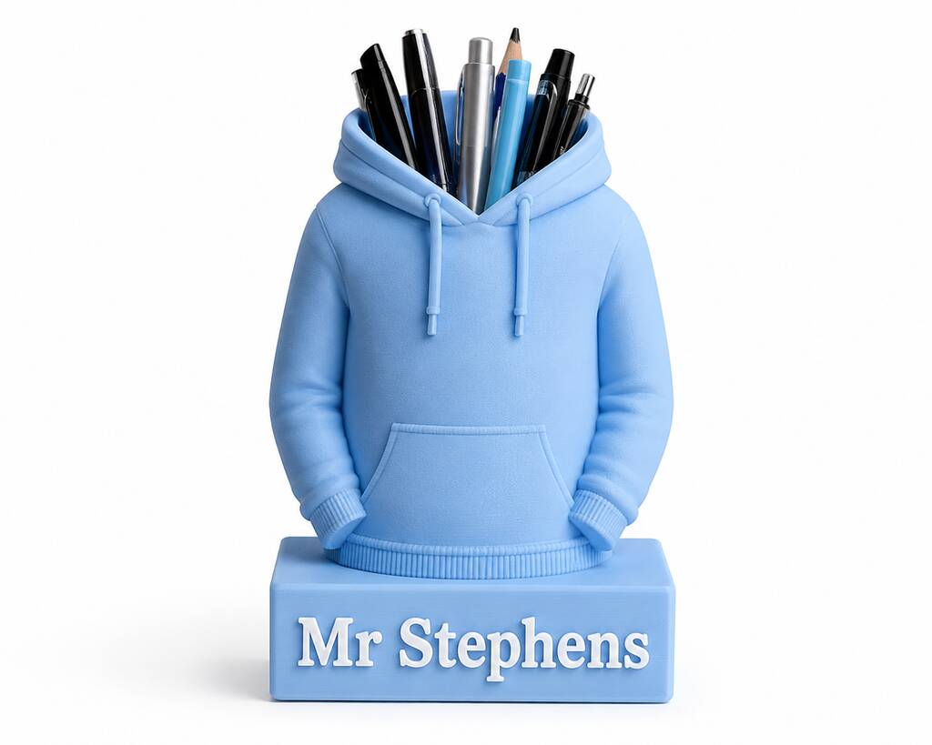 Sky blue personalised hoodie pen pot for a teacher