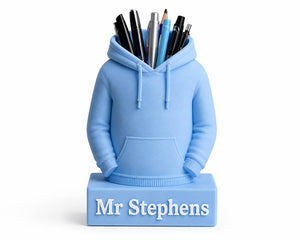 Sky blue personalised hoodie pen pot for a teacher