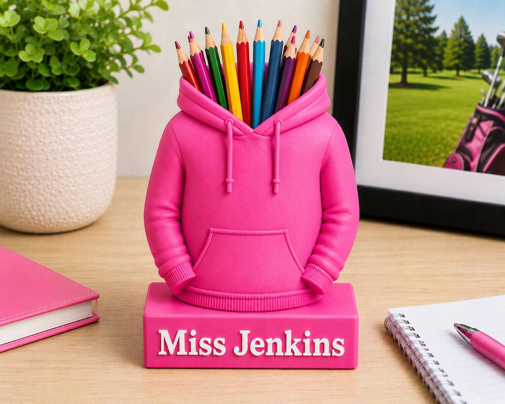 Pink personalised hoodie pen pot reading Miss Jenkins