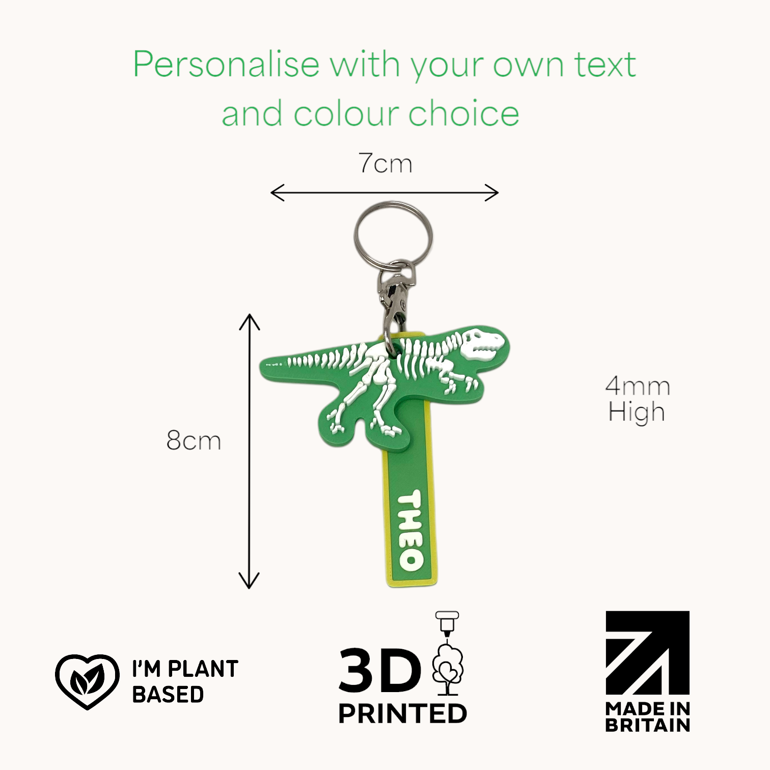 Dinosaur skeleton keychain with personalised name tag. 