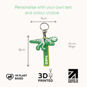 Dinosaur skeleton keychain with personalised name tag. 