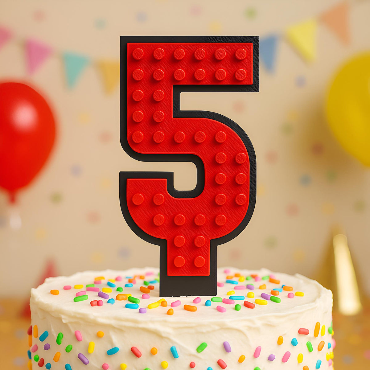 Red brick cake number 5 topper with black border on a birthday cake