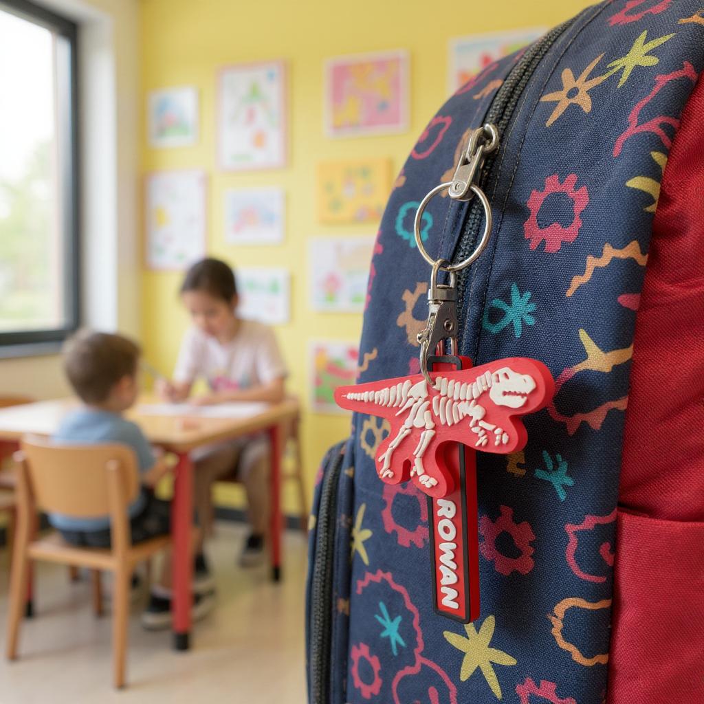 Dinosaur skeleton keychain with personalised name tag. 
