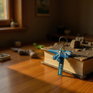 Dinosaur skeleton keychain with personalised name tag. 