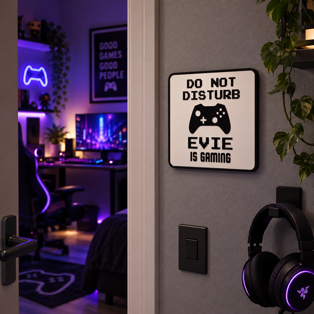 Personalised Do Not Disturb gaming sign reading EVIE IS GAMING beside a bedroom door