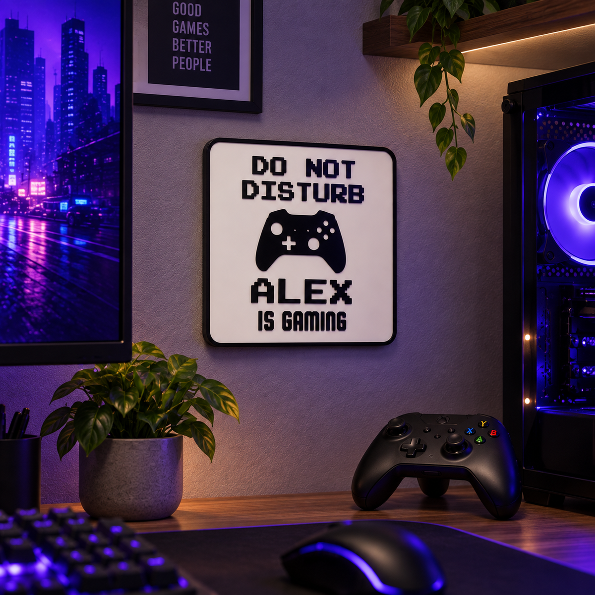Personalised Do Not Disturb gaming sign reading ALEX IS GAMING on a gaming desk wall