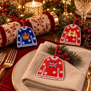 Crown, Tower Bridge and Union Jack Christmas jumper decorations on a Christmas dinner table with crackers and a napkin