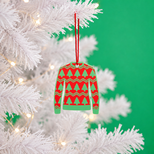 Christmas Trees jumper decoration hanging on a white tree