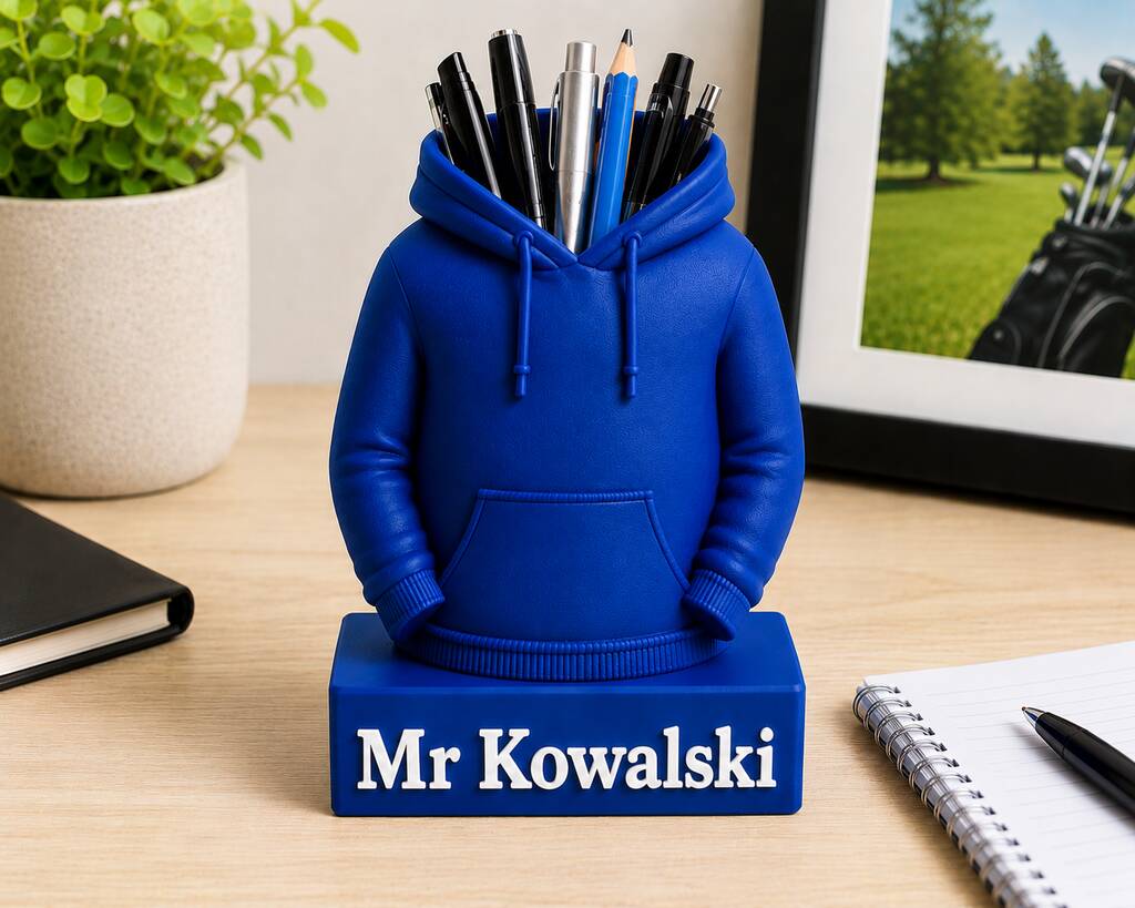 Dark blue personalised hoodie pen pot reading Mr Kowalski
